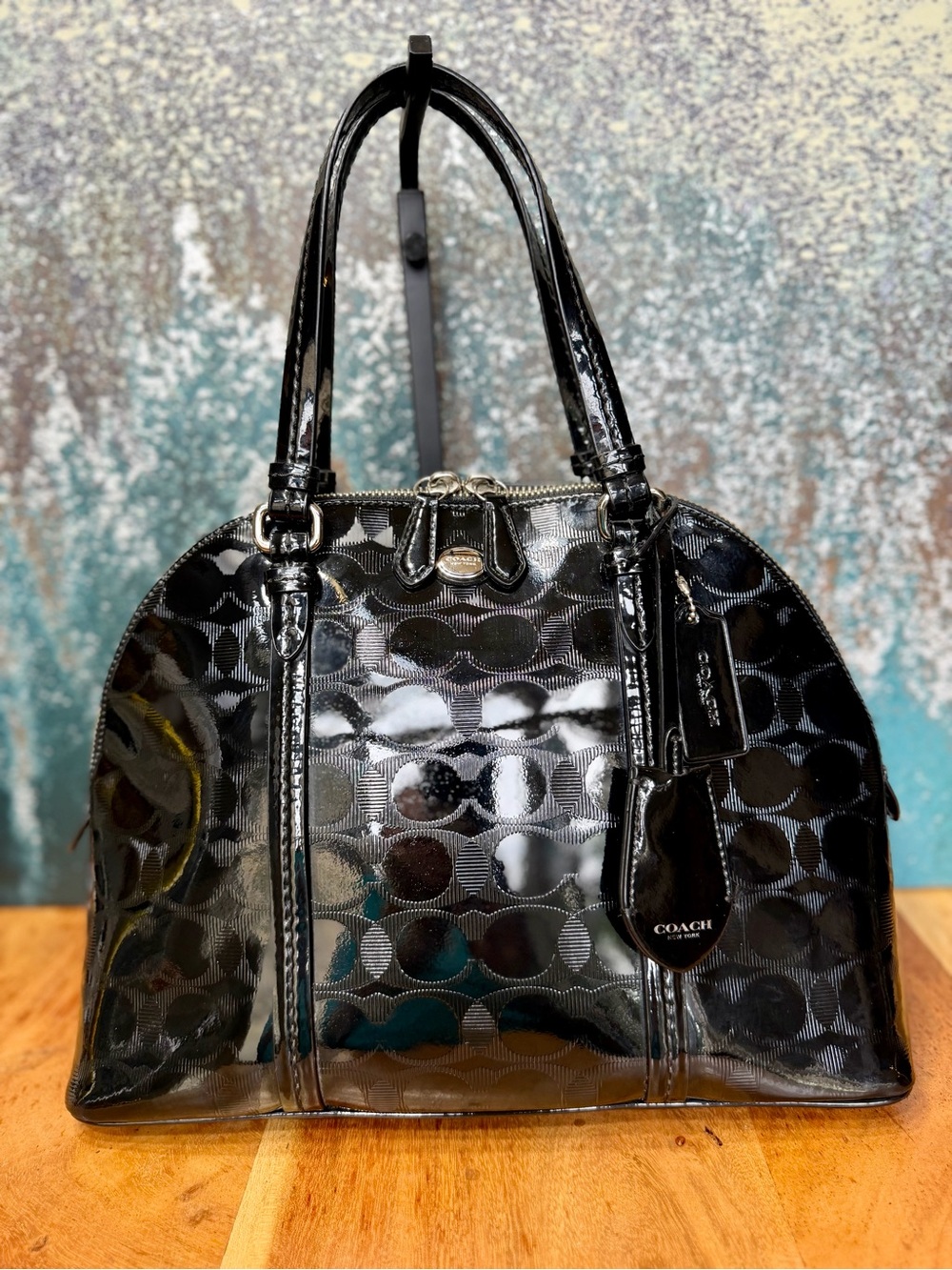Coach 2014 Classic Peyton Link C Black Patent Leather Domed Satchel